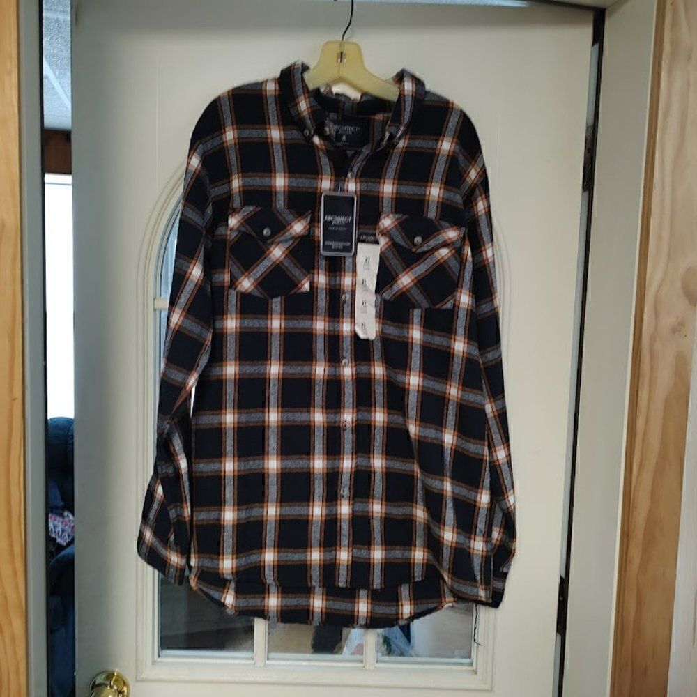 New Architect Navy Blue Orange Plaid Ultimate Flannel Shirt Men's XL